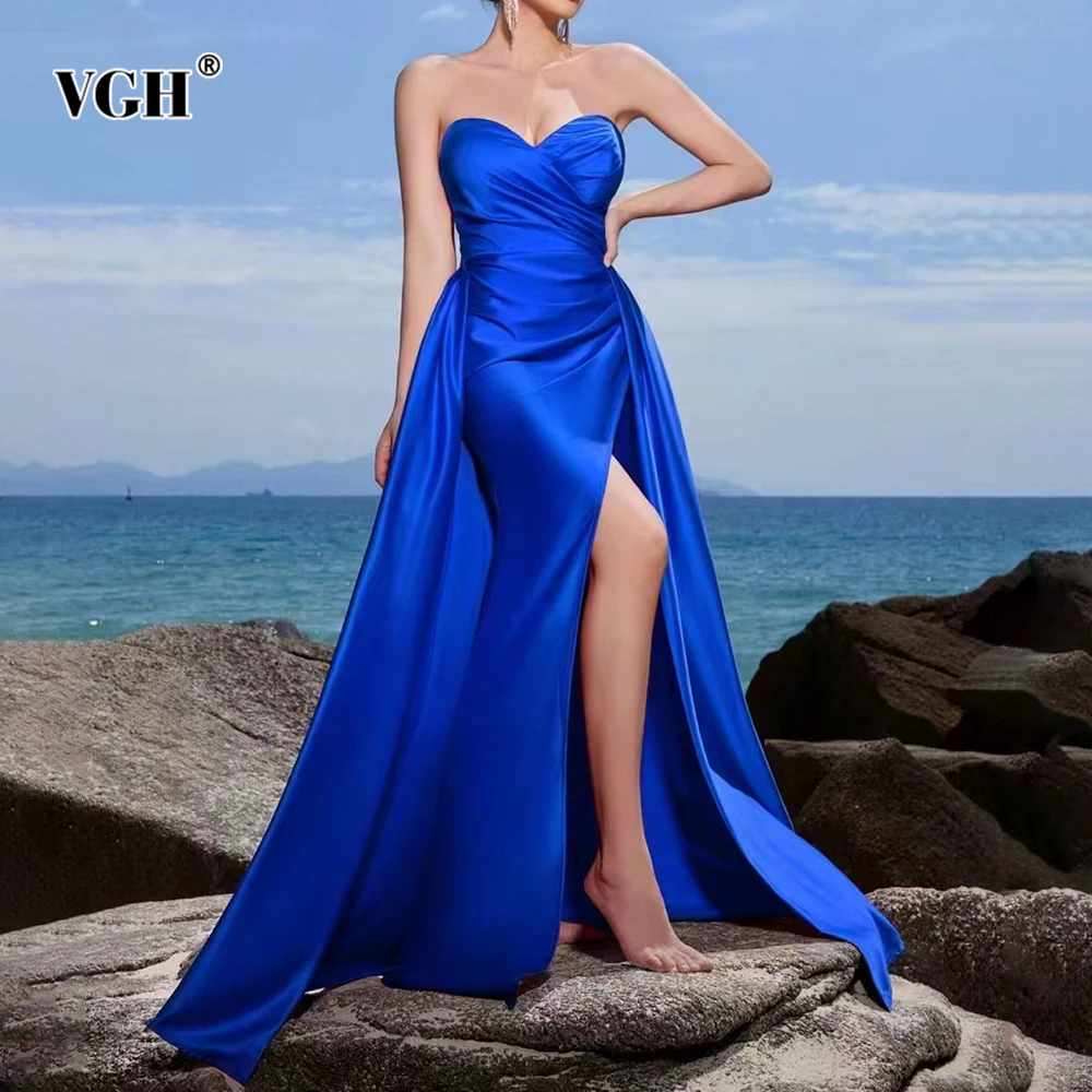 

VGH Blue Color Sexy Evening Maxi Dresses for Women Strapless Sleeveless High Waist Patchwork Folds Split Designer Dress Female