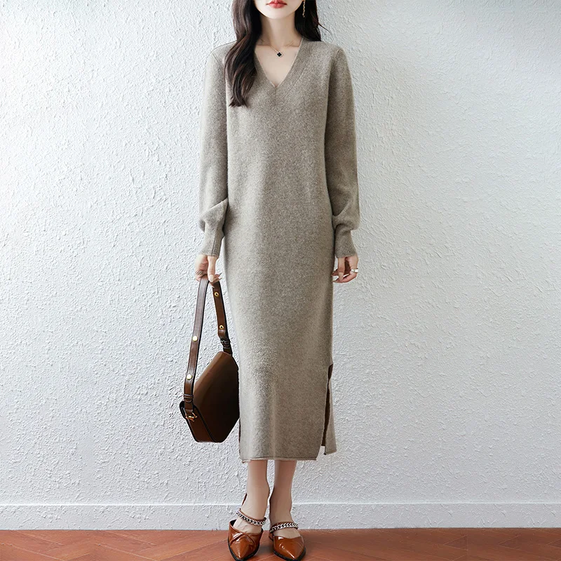 

MEETCC женское платье с разрезом из 100% мериносовой шерсти, осенне-зимнее платье с рукавами-фонариками, мягкое, теплое, простое, с v-образным вырезом, шикарное кашемировое длинное платье