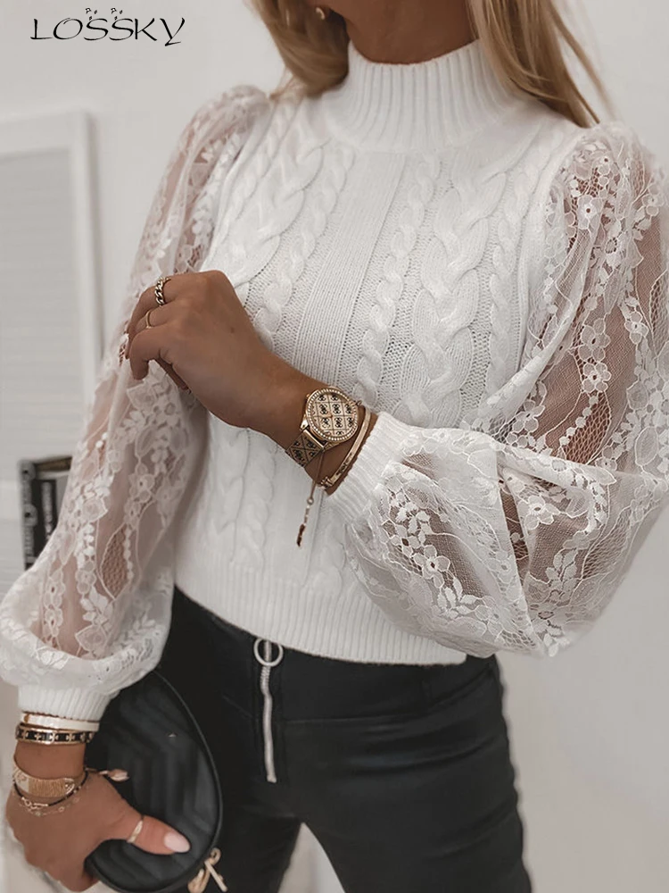 Elegant Lace Stitching Sweater Women Knitted Puff Long Sleeve Top Casual White Pullover Autumn Winter Turtleneck Sweaters 2023