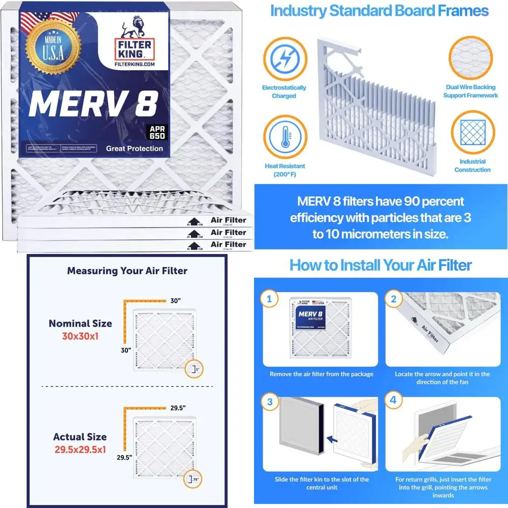 

3-PACK MERV 8 Pleated Air Filters 23x30x1 for HVAC A/C Furnace Systems - Made in USA, Actual Size 22.5x29.5x0.75 Inches