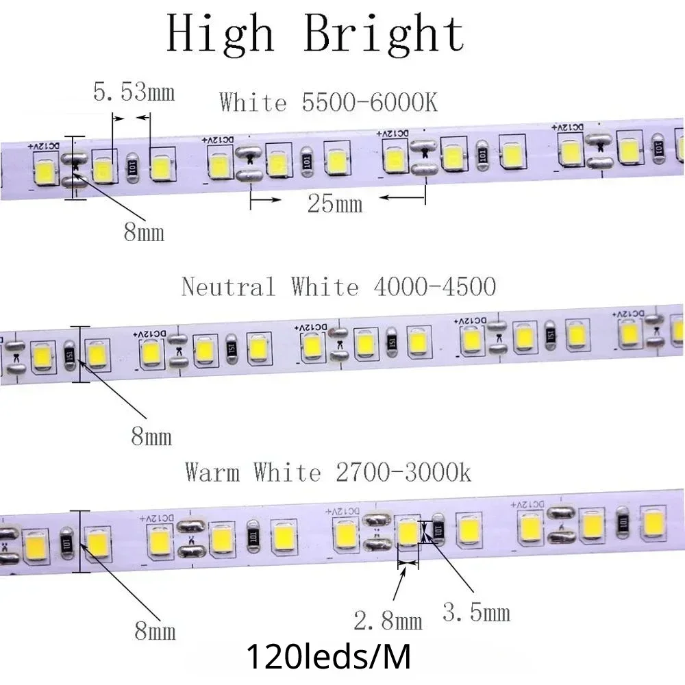 5M 60 120 240 480Leds M LED Strip 2835 SMD DC12V High Bright Flexible LED Rope Ribbon Tape Light Warm White / Cold White