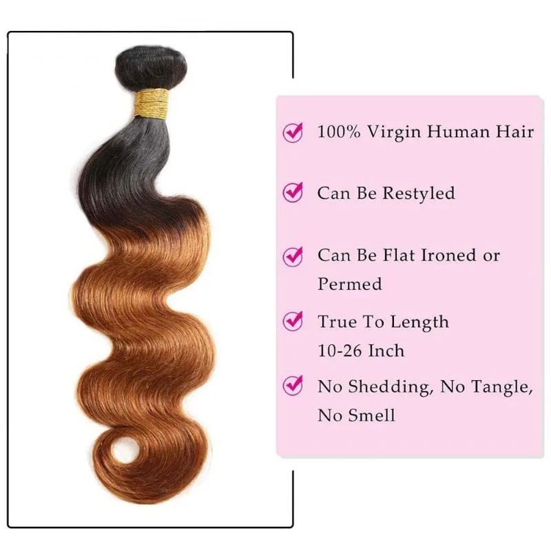 Extensões virgens brasileiras do cabelo, pacotes do cabelo humano, não transformados, macios e saudáveis, onda do corpo, Ombre Brown, 100g pelo PC, 1B, 30, 12-26 dentro