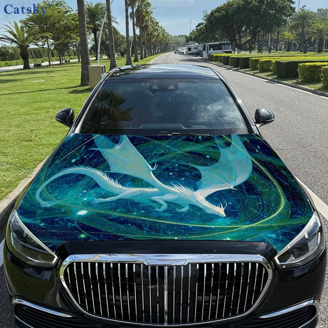 

White Dragon and Green Galaxy Car Hood Vinyl Wrap - Waterproof, Self-Adhesive, Surface Protection Decal Sticker For Auto Engine,