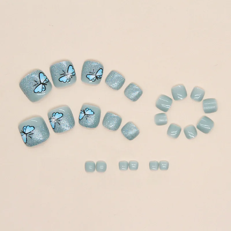 Blue Butterfly Glitter Powder Full Cover Toe Finished False Nails Summer Short Flat Shape Artificial Fake Toenails with Glue