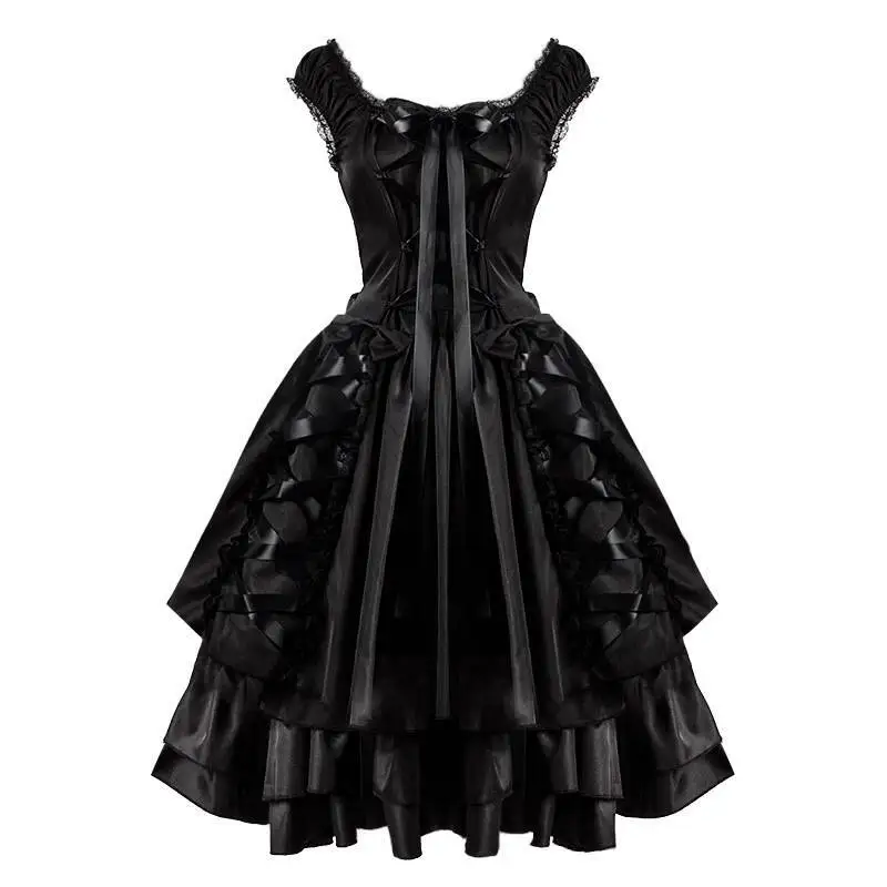 

Gothic Women's Dress Medieval Artistic Cosplay Rope High Waist Bowknot Flared Dress Halloween