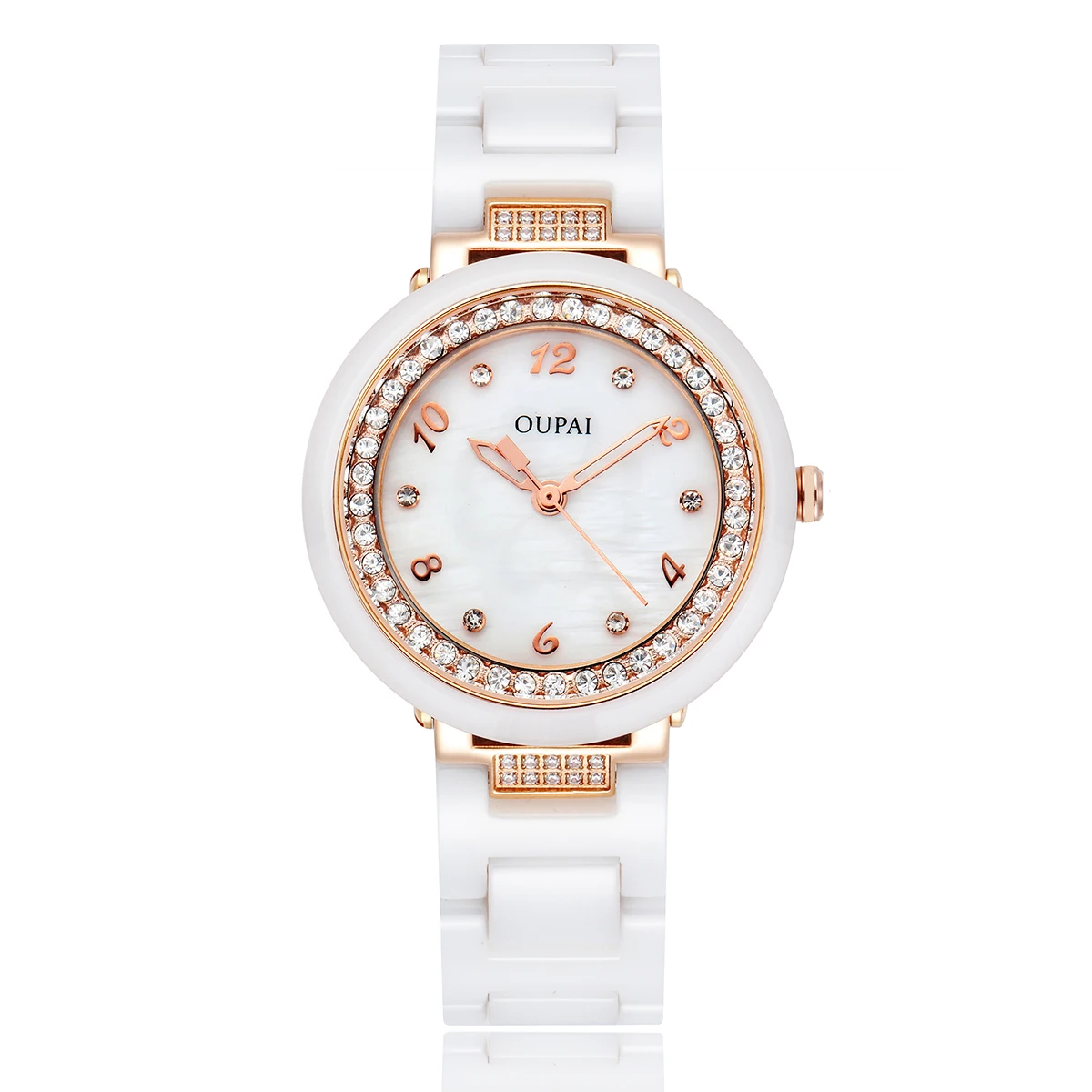 Oupai reloj elegante con correa de cerámica blanca de forma redonda, conjunto de cuarzo para mujer con diamantes y diamantes, reloj sencillo a la moda para mujer