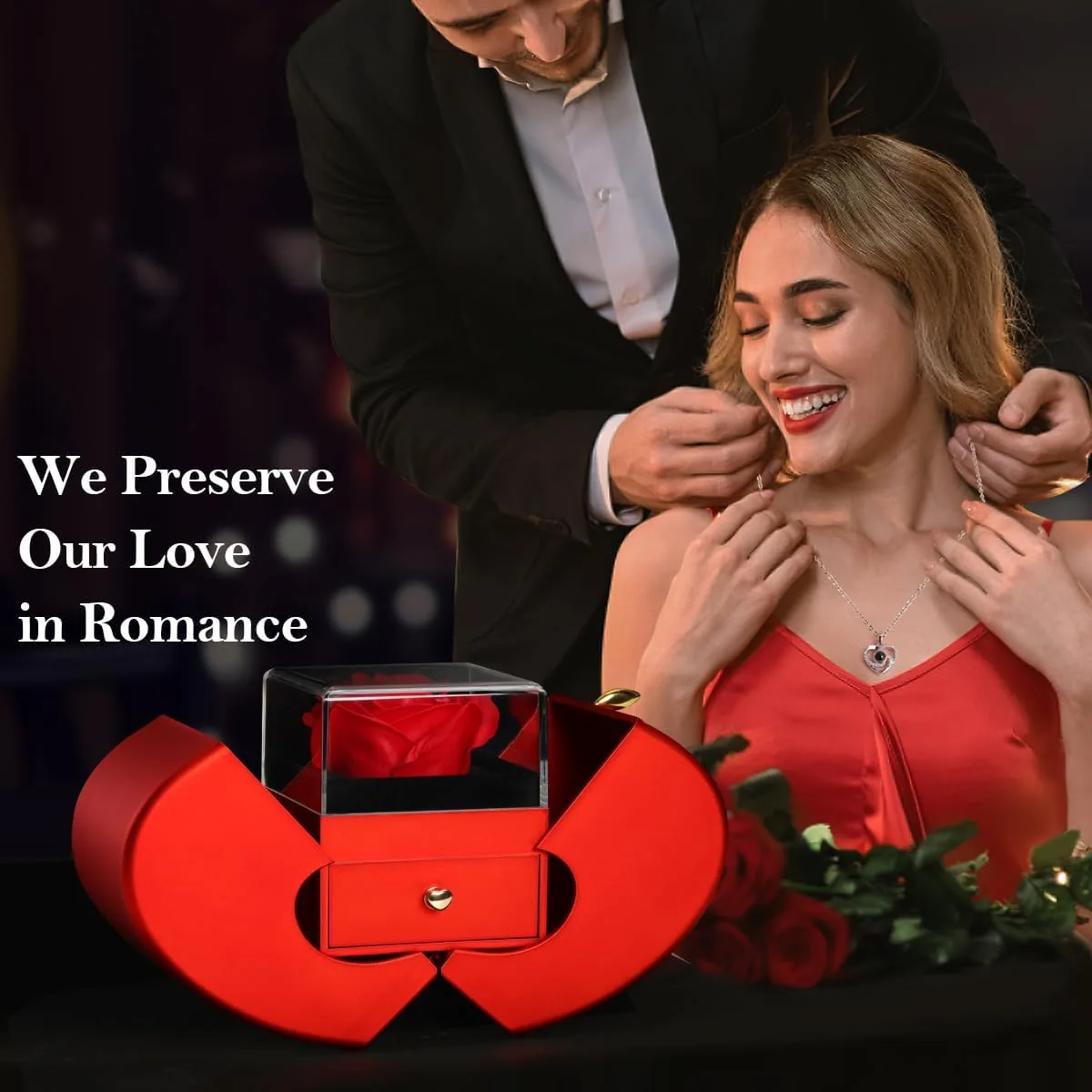 Mother’s Day Jewelry Gift Set – 100 Languages I Love You Projection Heart Necklace with Eternal Apple Flower Gift Box for Mom