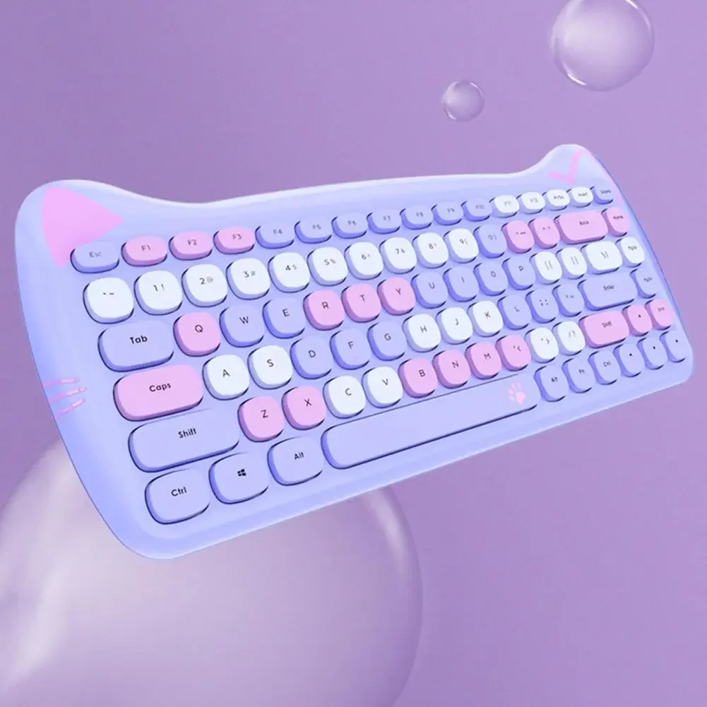 Cut Cat 2.4G Wireless Ergonomics Keyboard Set Mixed Candy Color Keycap Keyboard And Mouse Comb For Laptop Notebook PC Girls Gift