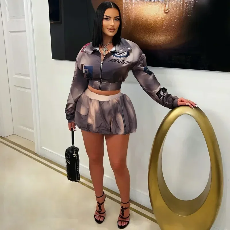 المرأة الخريف 2 قطعة مجموعة رسالة التعادل صبغ طباعة سحاب أكمام طويلة جاكيتات علوية + جيوب البضائع التنانير الصغيرة موضة الشارع الشهير البدلة