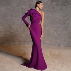 Purple Evening Dresses for Women 2024 One Shoulder Long Sleeve Formal Gown Mermaid/Trumpet 3D Flowers Elegant Wedding Party Gown