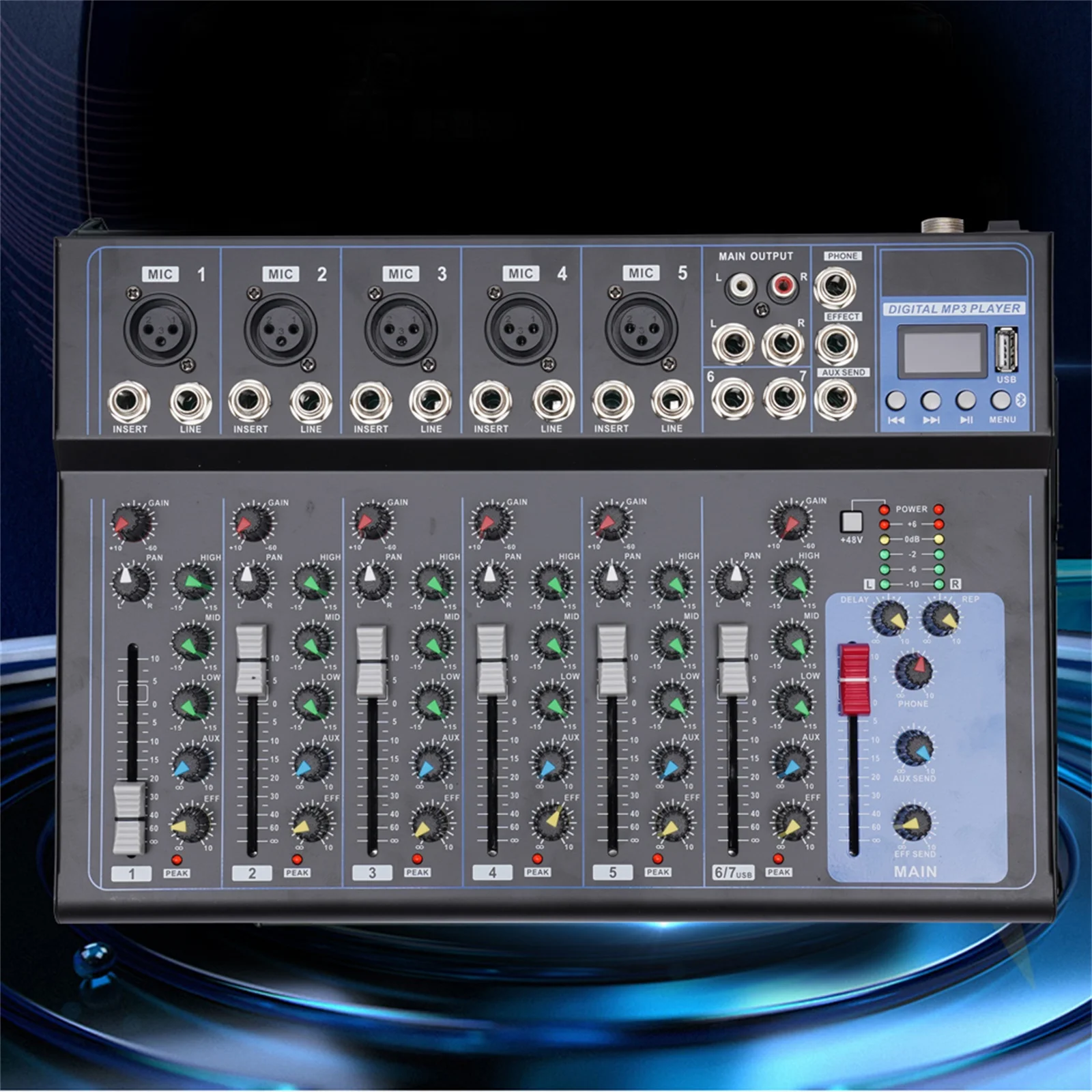 7-Kanal Professional Audio-Mixer, 7 Kanal Sound Mixing Console Digitaler Audio Mixer Stereo DJ Mixer Soundboard Konsole