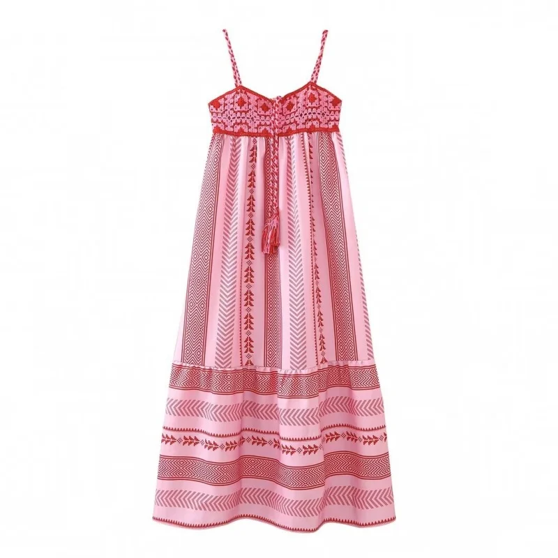 Women’s Summer Pink Spaghetti Strap Dress Ethnic Style Loose Fit Patchwork Design Versatile Party Beach Wear