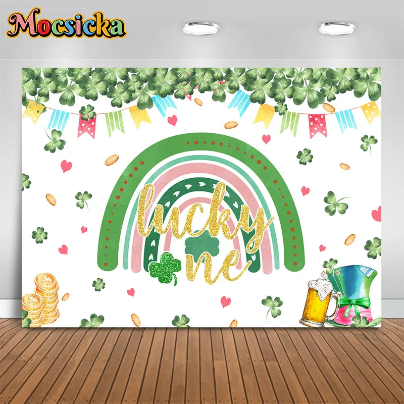 

Mocsicka Happy Birthday Photography Backdrop Lucky One Clover Party Decor Background Girls Party Cake Smash Banner Studio