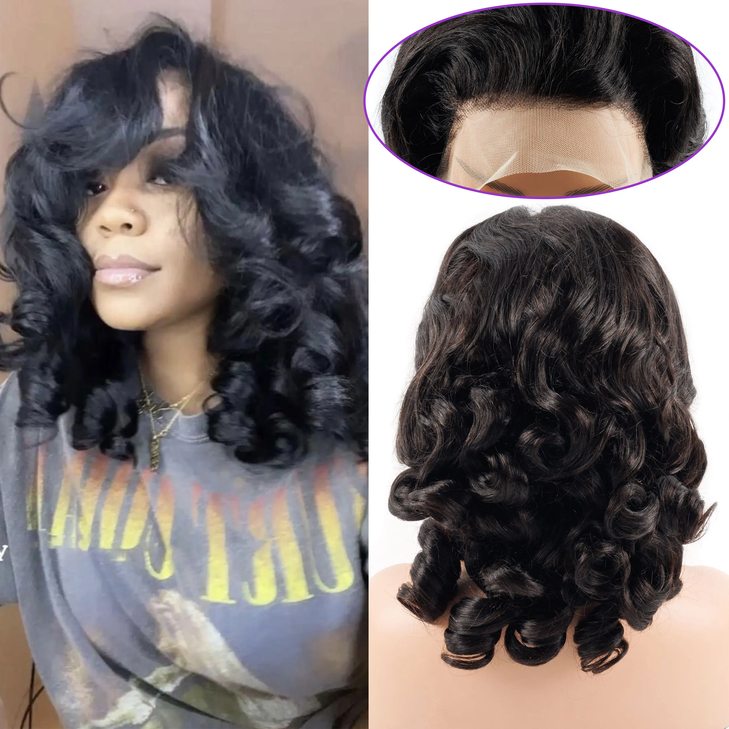 20inch Bouncy Loose  Lace Wigs Human Hair With 300% Full HD Transparent Lace Wigs for Black Woman