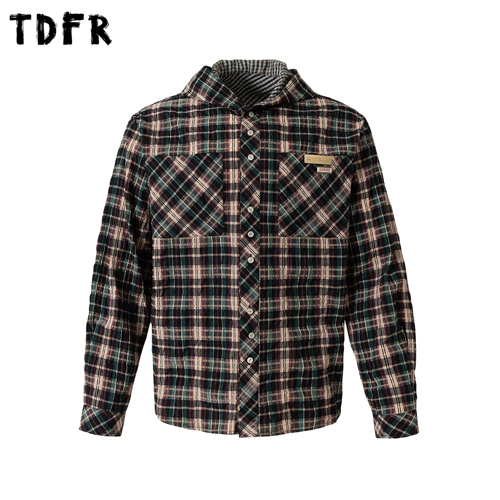 

Plaid Hooded Long Sleeve Shirts Mens Pocket Retro Casual Autumn Loose Single Breasted Checked Shirt Man
