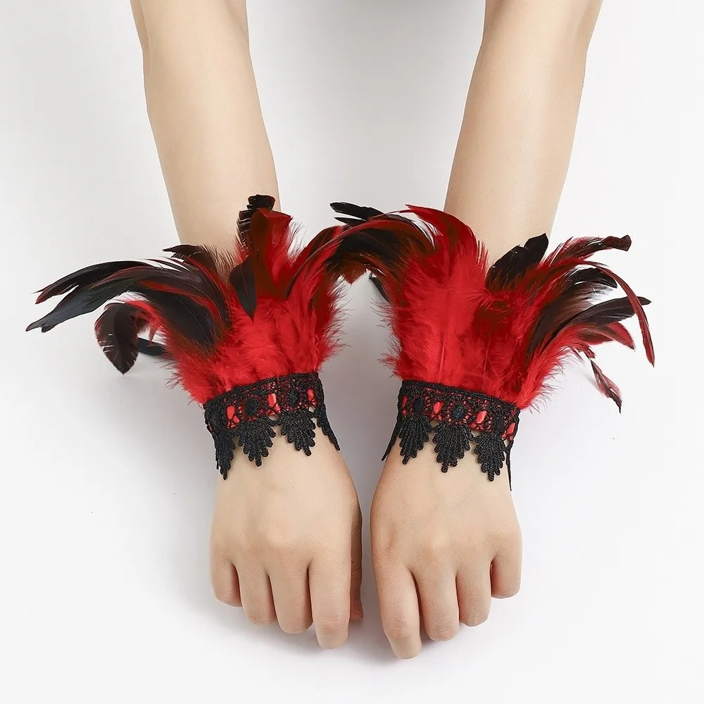 Black Lace Fluffy Feather Wrist Cuffs Lightweight Chic Halloween Arm Cuff Gloves Adjustable Gothic Plume Bracelet Costume Prop