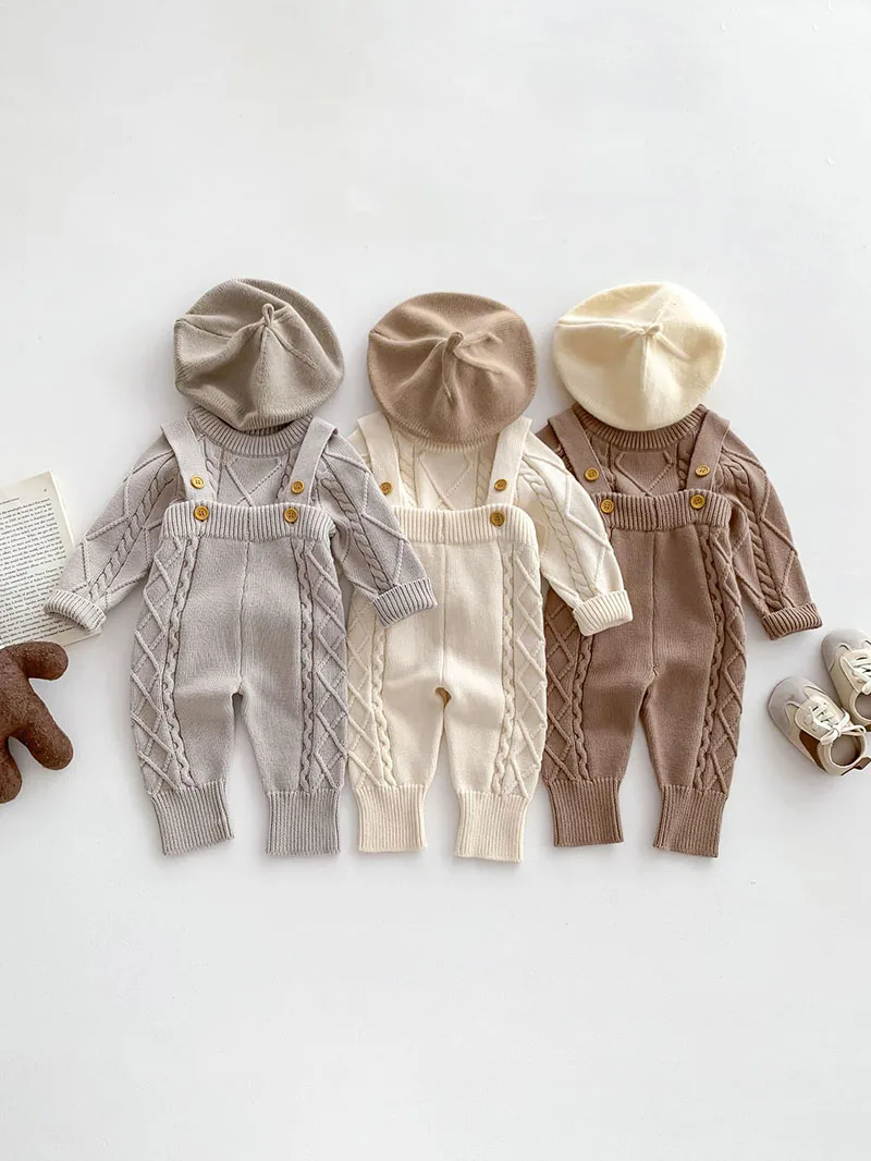 

Autumn Baby Clother Suit Knit Overall And Solid Sweater Infant Outfit