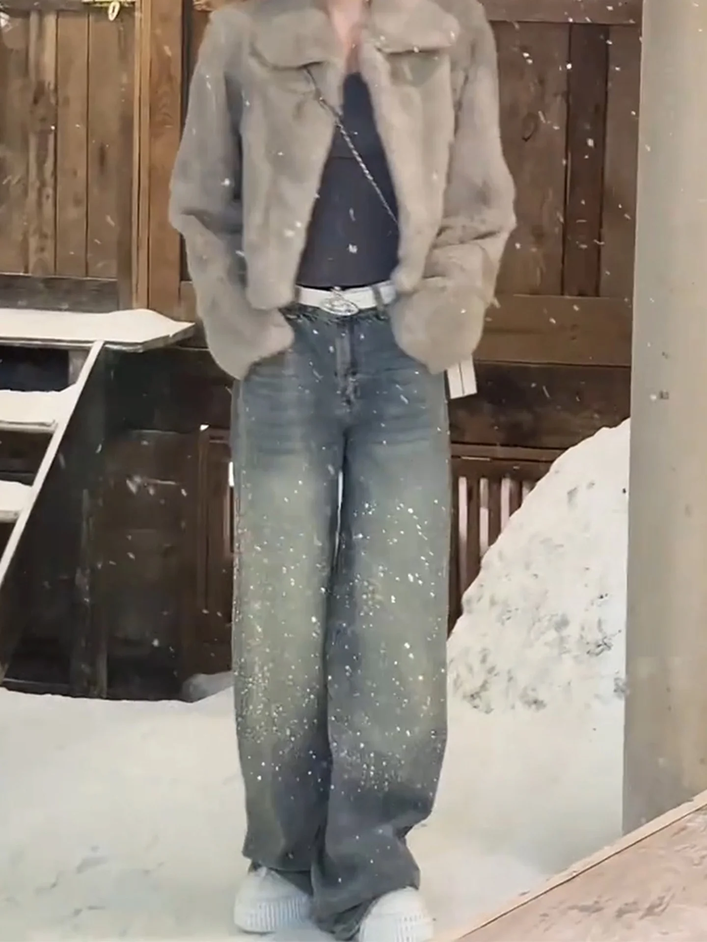 ルーズフィットキラキラデニムジーンズ女性のハイウエストワイドレッグパンツスリミングスレ秋冬ファイオントレンドプラスサイズ