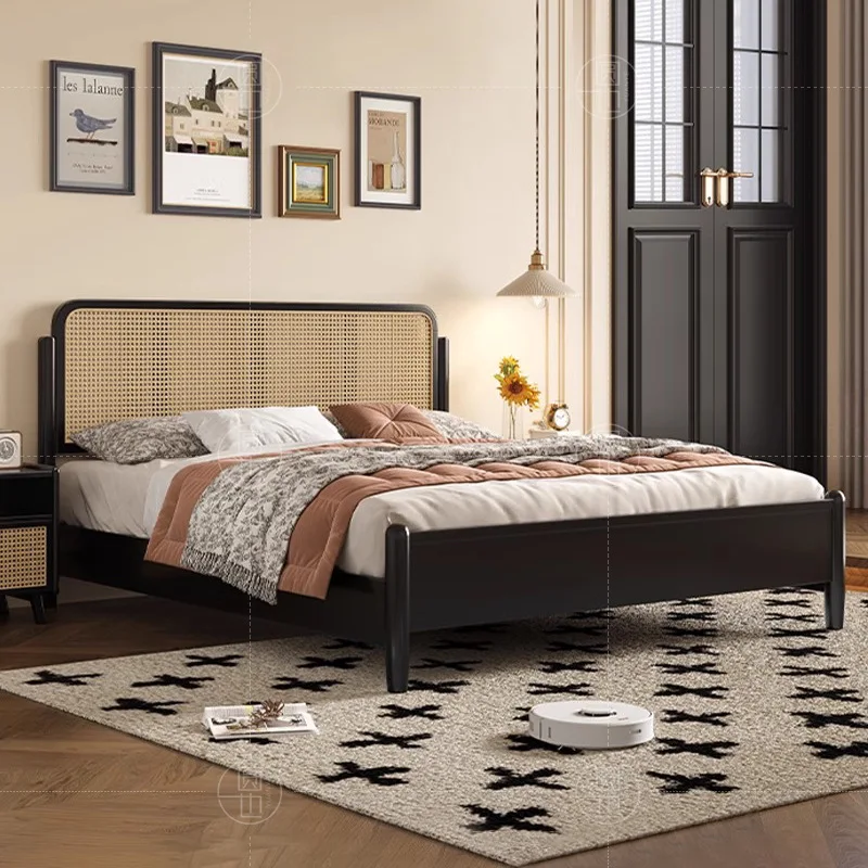 

Customizable North American ash rattan retro furniture black French homestay master bedroom solid wood double bed