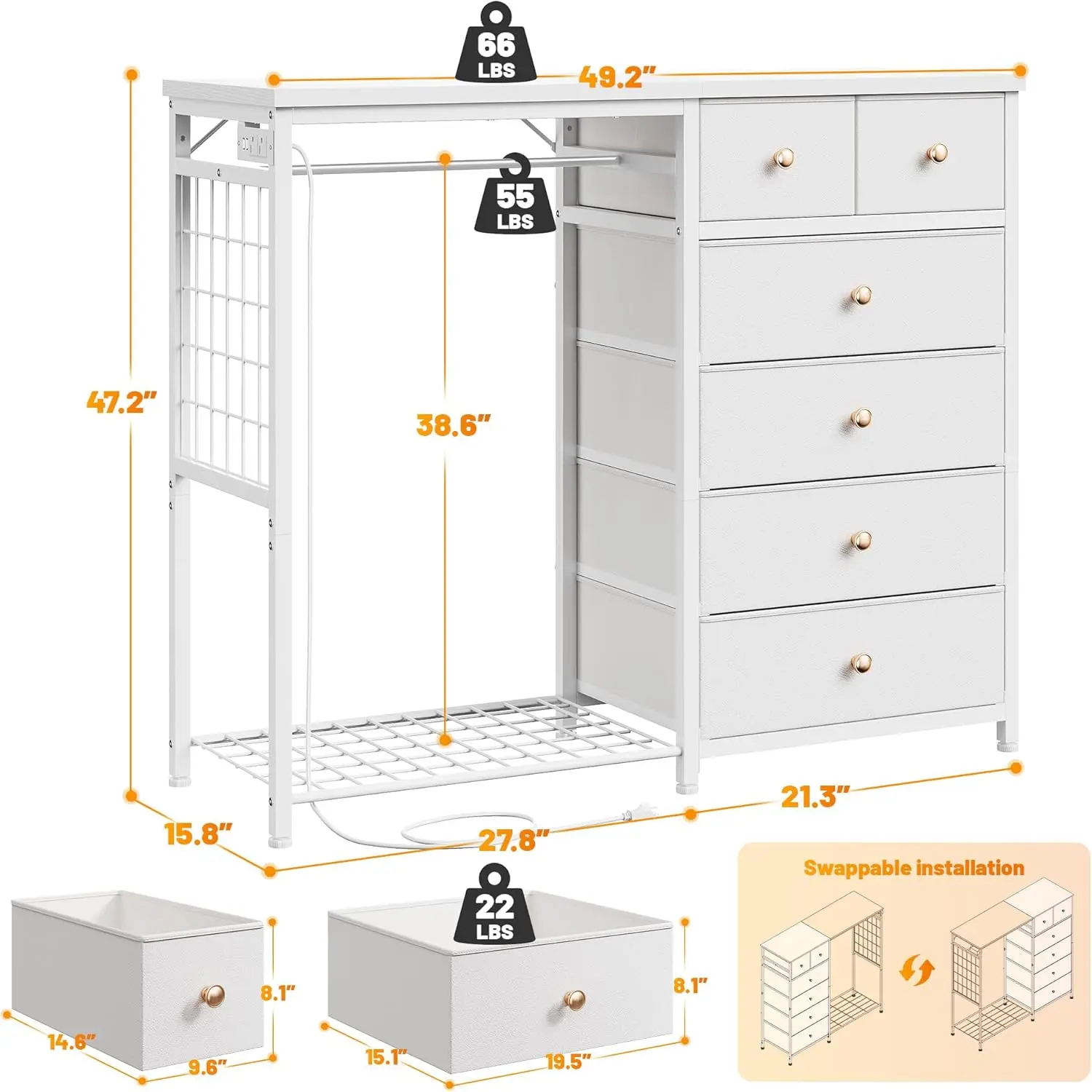 White Dresser for Bedroom with Hanging Rack,6 Drawer Dresser with LED Lights & Charging Station, Fabric Dressers & Chest of Draw