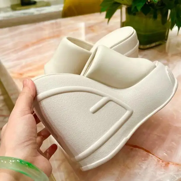 Apricot White Leather Platform Peep Toe Wedge Slip On Slide Slippers Women Summer Height Increasing High Heel Beach Sandals Shoe