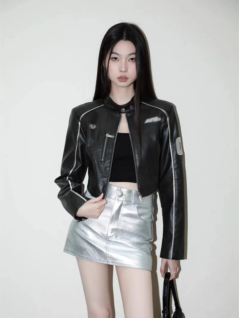 معطف جلدي نسائي MOXI بتصميم أمريكي عتيق أنيق، سترة حمراء بياقة صغيرة، نمط راكبي الدراجات النارية، مصنوع من مادة البولي يوريثين