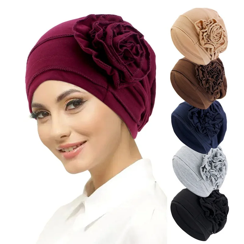 

New Elegant Women Solid Color Flower Cuffed Turban Hat Soft Cancer Chemo Head Scarf Hats Beanie Cap Elastic Covers Wraps