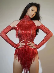 여성용 반짝이는 레드 라인스톤 프린지 바디수트, 섹시한 백리스 댄스 무대, 코스튬 공연 쇼 의상, 나이트 클럽 복장