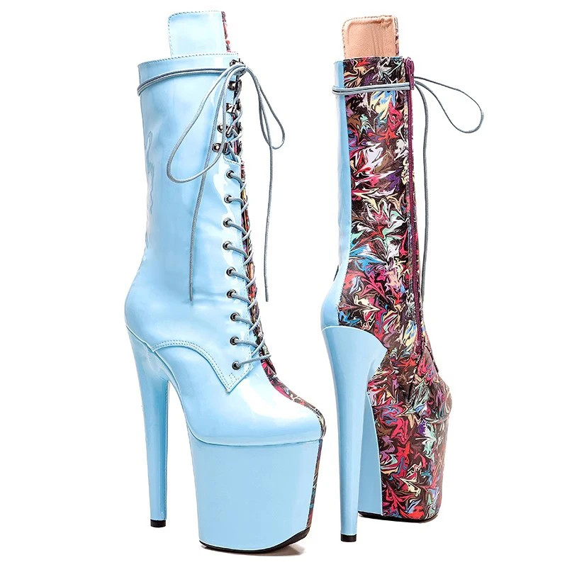 LAIJIANJINXIA New 20CM/8Inch Genuine Leather flower with blue color PU patent Platform disco party High Heels Pole Dance boot