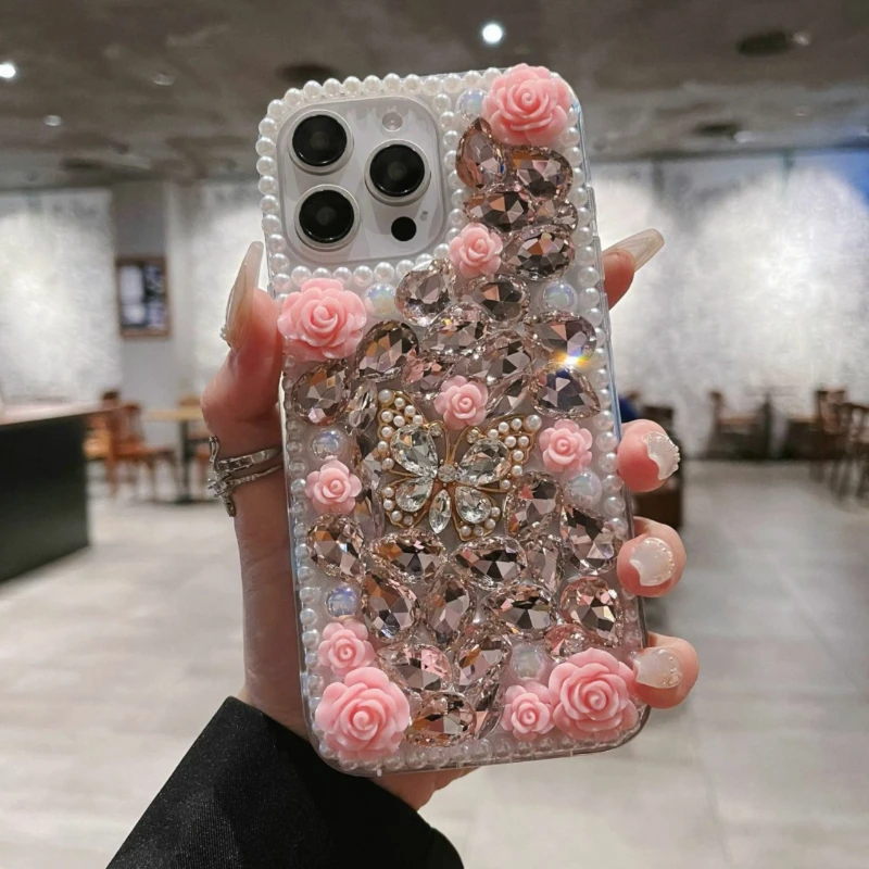 

Creative Light Luxury Diamond Studded Bow Three-dimensional Pearl Rose Phone Case Suitable for IPhone 16 15 14 13 12 11 Pro Max