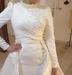 Pearls Beaded white Mermaid Wedding Dress With Detachable Skirt Jewel Neck Long Sleeves Modest Arabic Bridal Gowns Customized