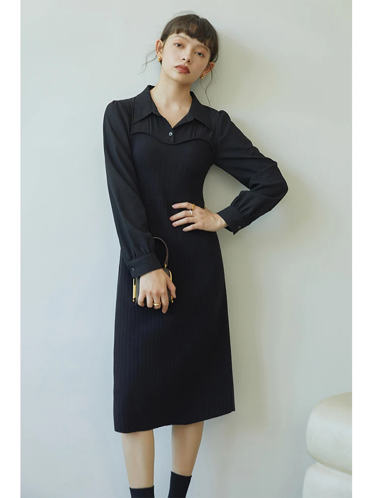 ZIQIAO – longue robe tricotée à col montant pour femme, élégante, Vintage, Style Hepburn, printemps-automne