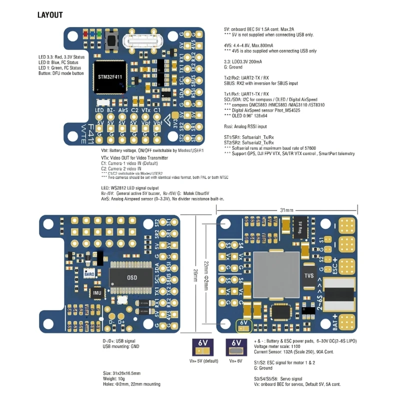 Imagem -04 - Sistema Matek F411-wte f4 Controlador Vôo Placa Controle Vôo Corrida Embutido Osd 26s para Aeronaves Fpvs Parte Diy