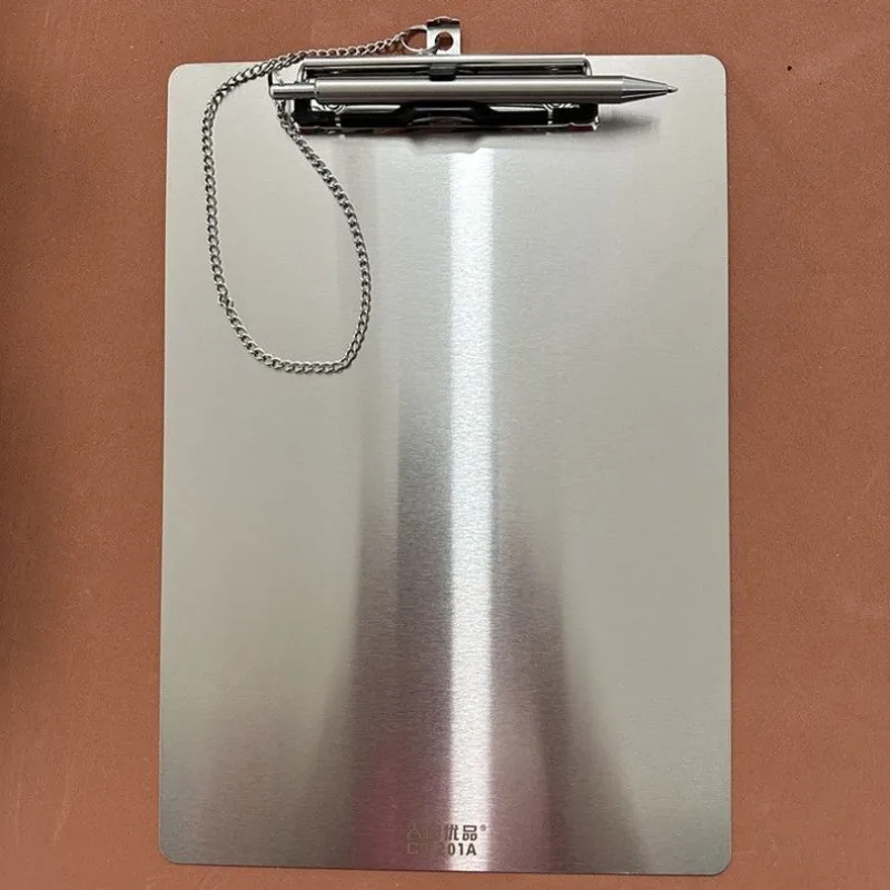 Food Grade 304 Stainless Steel Clipboard with Metal Barrel Pen & Chain for Food Processing Plant & Commercial Kitchen Supplies
