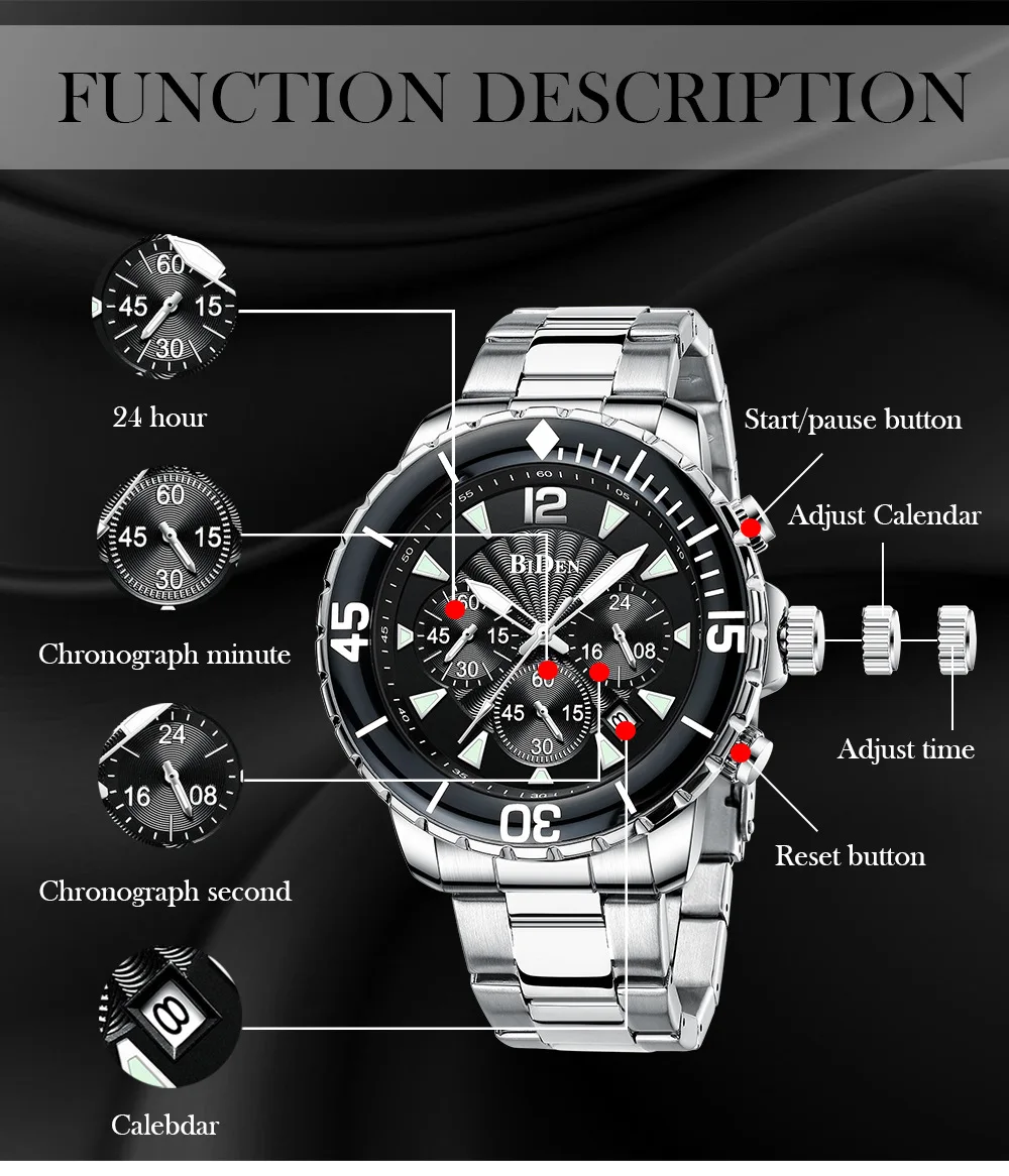 BIDEN Brand New Arrival Men\'s Quartz Movement Wrist Watch Chorongraph Full Stainless Steel Strap Polit Military Watch Best Gift