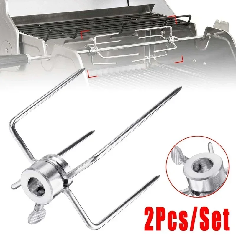 2Pcs Stainless Steel Rotisserie Meat Forks Clamp Grill Meatpicks Barbecue Skewer With Locking Screw Quick Adjustments BBQ Tools