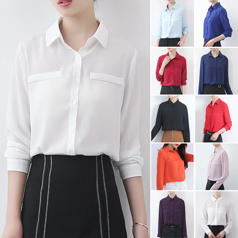 Simple Solid Color Loose Women\'s Chiffon Shirt 2023 Spring New Fine Long Sleeve Casual Blouses and Tops Lady OL Office Shirts