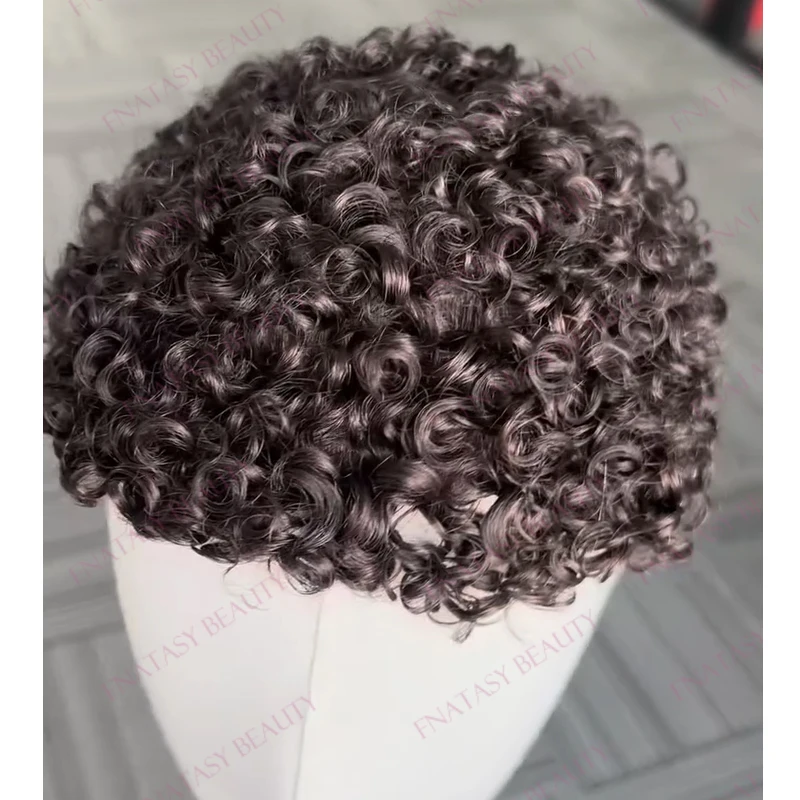 

African American Black Man's Easy Wear 100% Human Hair Full Skin Base Men Toupee 15mm Curly Brown Grey Super Durable Man's Wigs