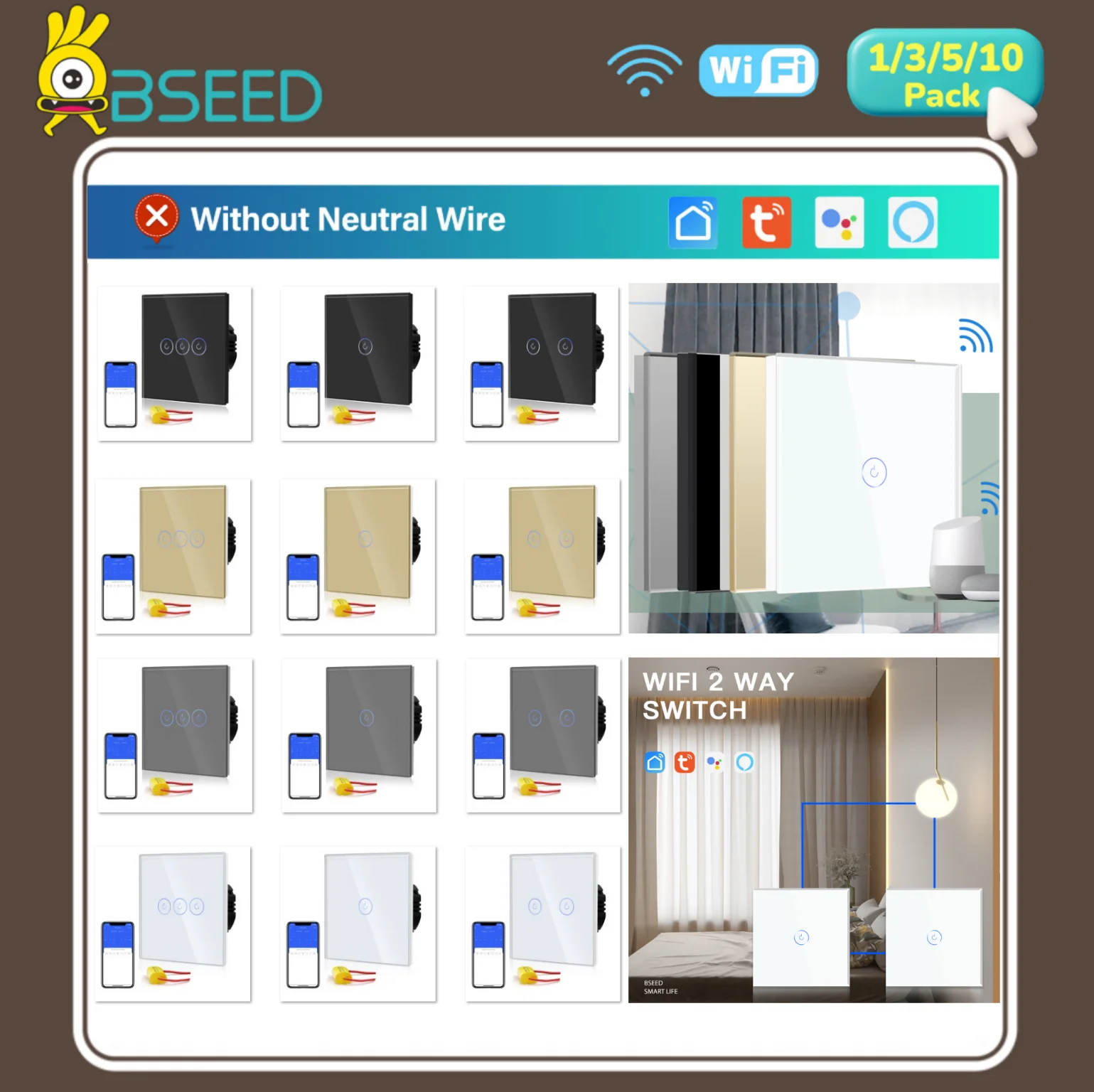 BSEED WIFI Light Switches 1/2/3Gang Smart Touch Switches Wall Stair Switches Tuya Control Smart Life APP Multi-Control Live Wire