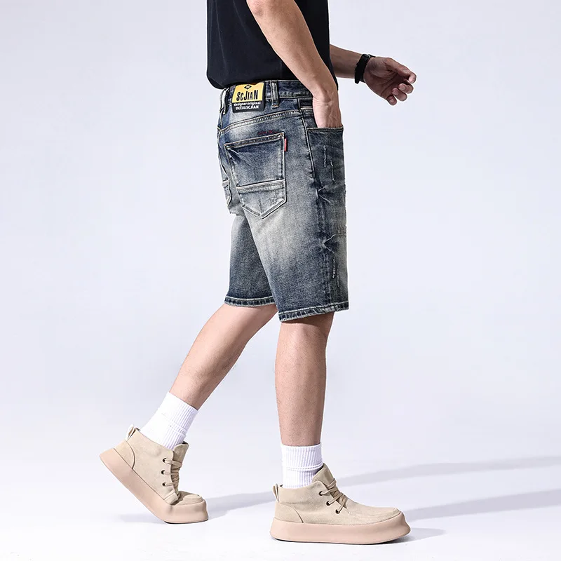 2025 الصيف الحد الأدنى فضفاض الدنيم السراويل للرجال الخفيفة الفاخرة اليابانية الشباب الحنين الدنيم السراويل ipped الجينز للرجال