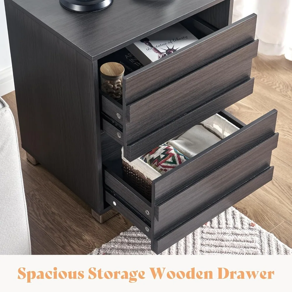 Nightstand Set of 2 with Charging Station, Wood Bedside Table with 2 Drawers, Farmhouse End Table with Slated Handles &