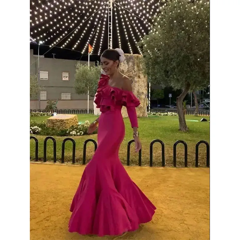 

Graceful Exquisite Red Mermaid Wrap Hip Fold Ruffle Edge Wave Long Sleeve Off Shoulder Formal Prom Evening Dress Women's Party