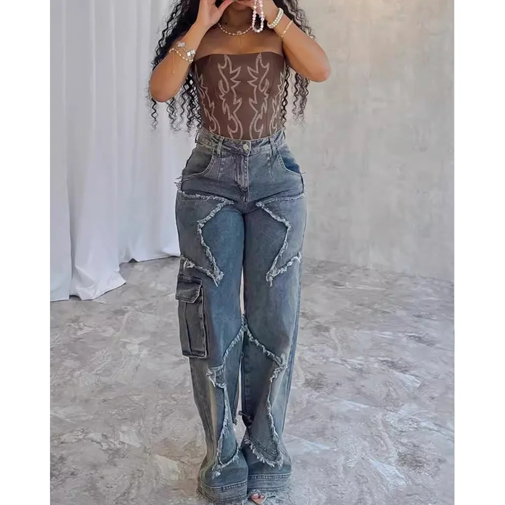 American Retro Star Tassel Raw Edge Loose Straight Casual Jeans Wide-leg Sense Denim High Street Trousers Y2K Streetwear