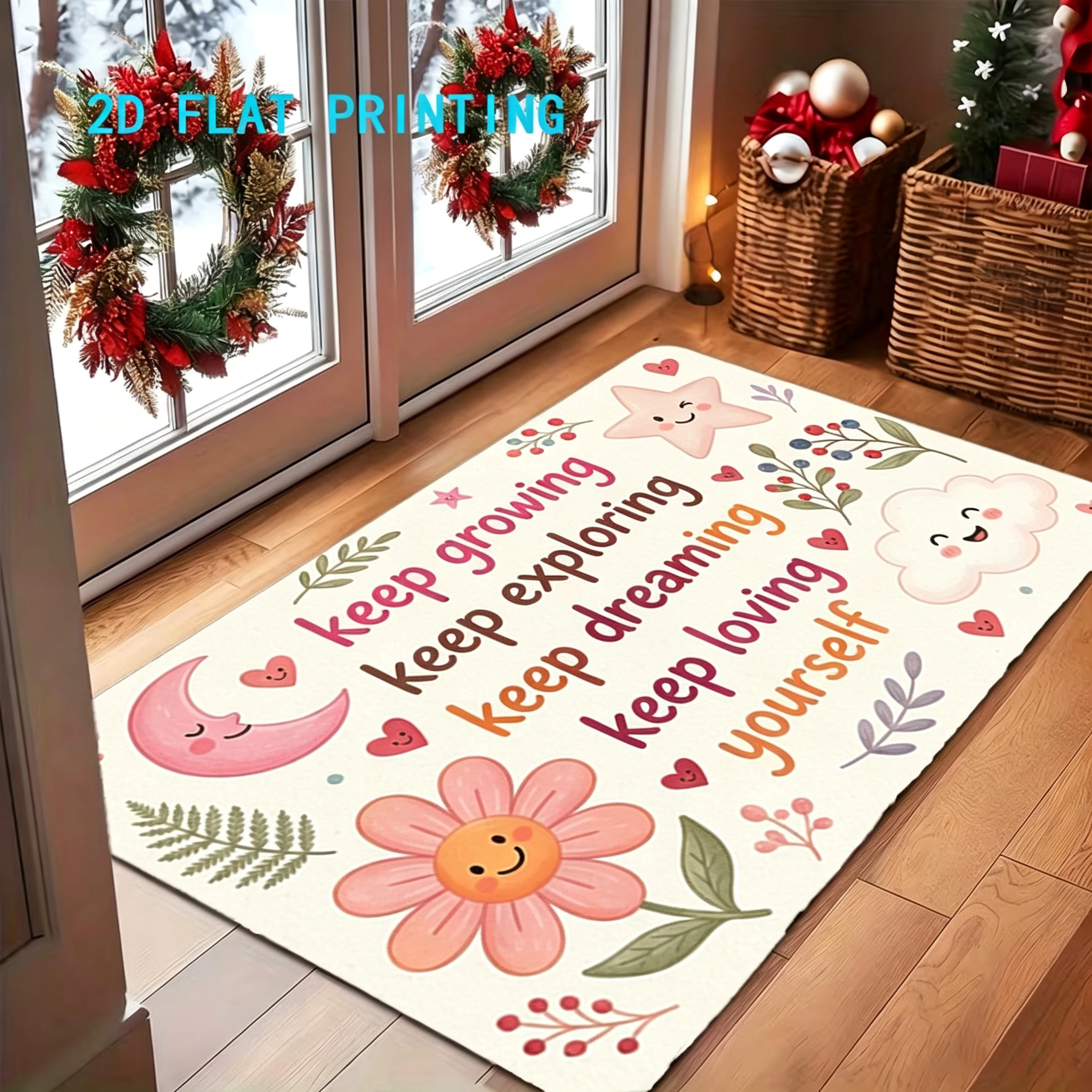 Floral Doormat for Entryway Floor Mat Home Decor Inspirational Words Smiling Flower Moon Star Cloud Graphic Stylish Indoor