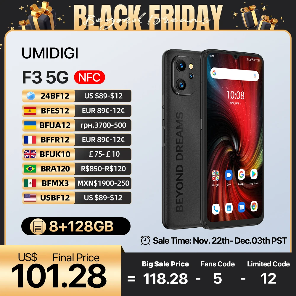 Smartfon UMIDIGI F3 5G, smartfon z systemem Android 12, procesor wymiar 700, wyświetlacz 6,7" 8 GB 128 GB, potrójna kamera 48 MP, 150 mAh 18 W