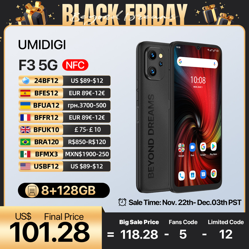  UMIDIGI F3 5G SmartPhone, Android 12 Smartphone, Dimensity 700 Processor, 6.7" Display 8GB 128GB, 48MP Triple Camera,5150mAh 18W 