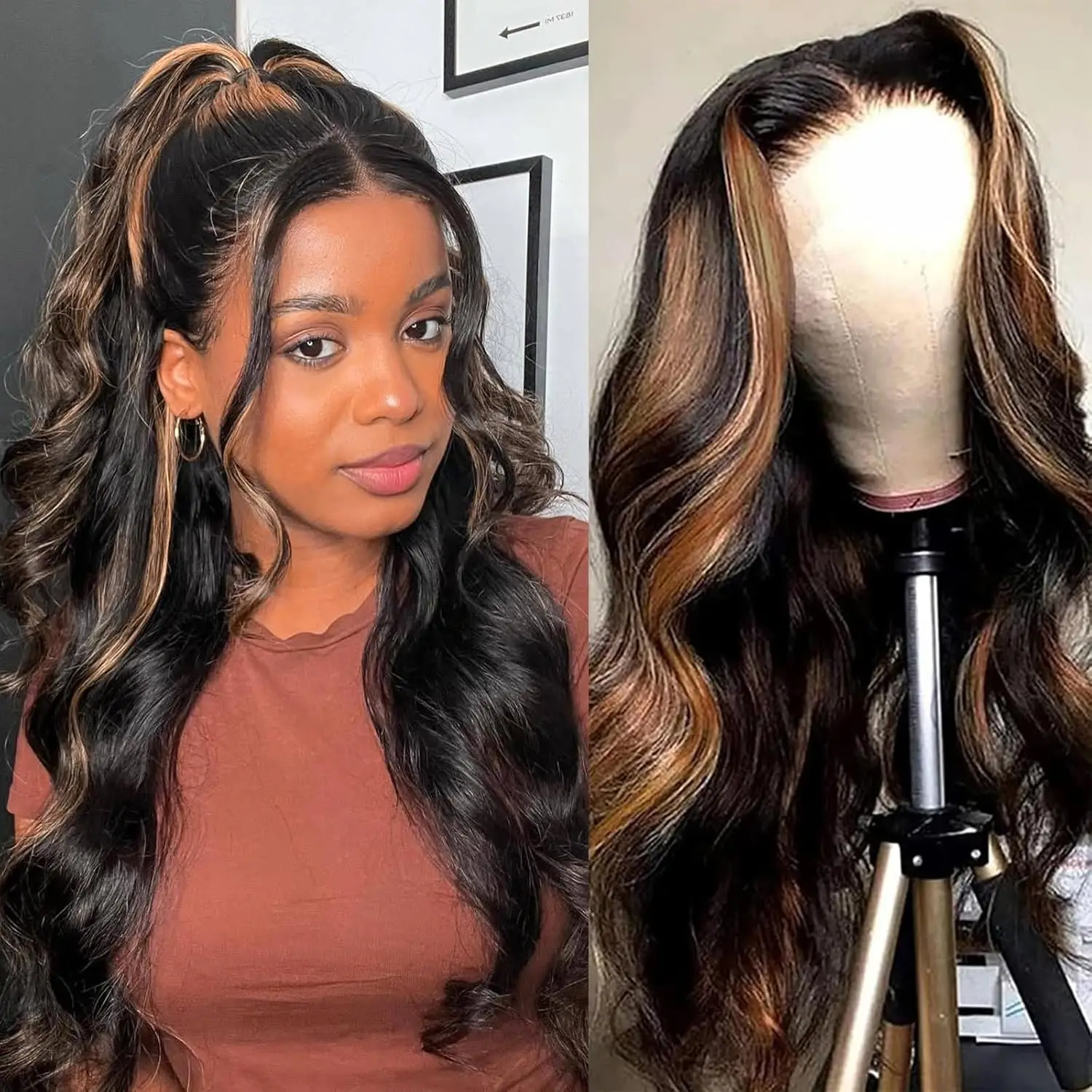 

Парик из натуральных волос с эффектом Body Wave, с кружевной передней частью 13x4, омбре, для женщин, 1B/30, черный с коричневым, без клея