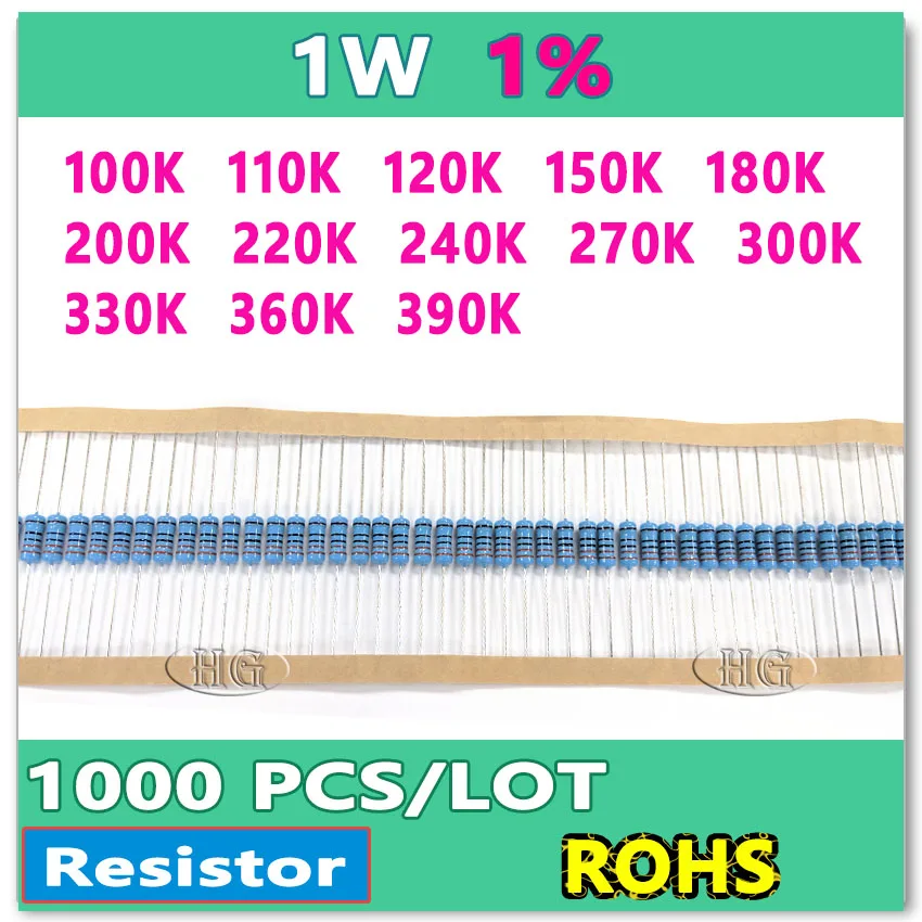 JASNPROSMA 1W 1000 قطعة/الوحدة 1% 100K 110K 120K 150K 180K 200K 220K 240K 270K 300K 330K 360K 390K فيلم معدني DIP أوم صندوق التعبئة