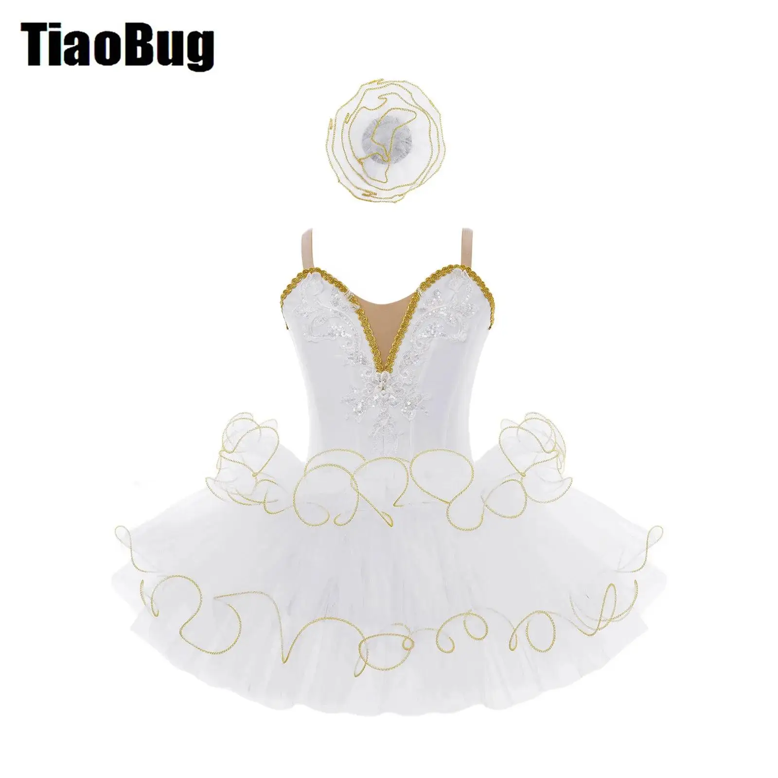 

Girls Ballet Tutu Dress Adjustable Strap Embroidery Bodice Layered Dress with Headwear Swan Lake Pancake Ballerina Dance Costume
