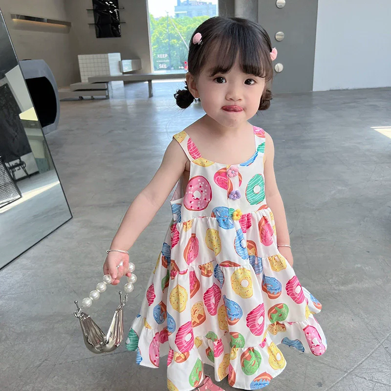 Summer Baby and Girls All-Over Print Donuts Long Suspender Dresses Kids Sweet Vacation Beach Skirt Children Outfit Tops 2-8Years